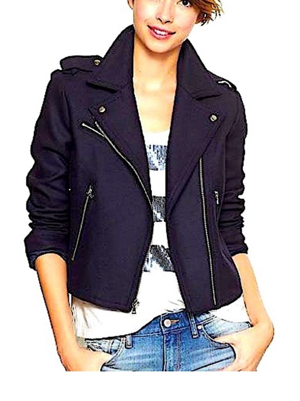Women's Navy Moto Jacket - Classic Zip Front